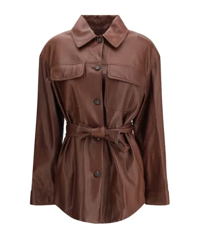 Brunello Cucinelli Long Sleeve Leather Jacket In Brown