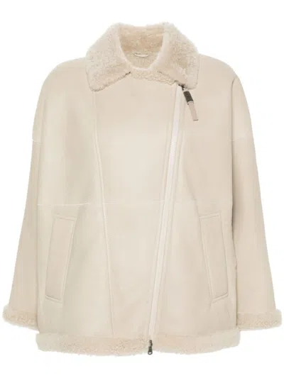 Brunello Cucinelli Shearling Biker Jacket In Yellow