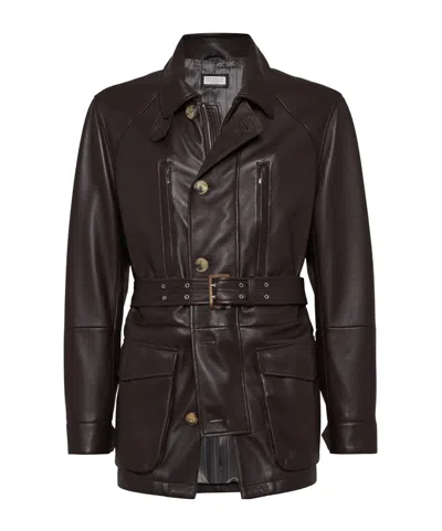 Brunello Cucinelli Nappa Leather Overcoat In Brown