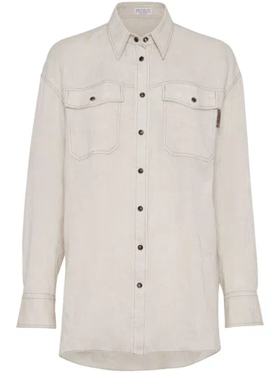 Brunello Cucinelli Long-sleeve Linen Shirt In Gray