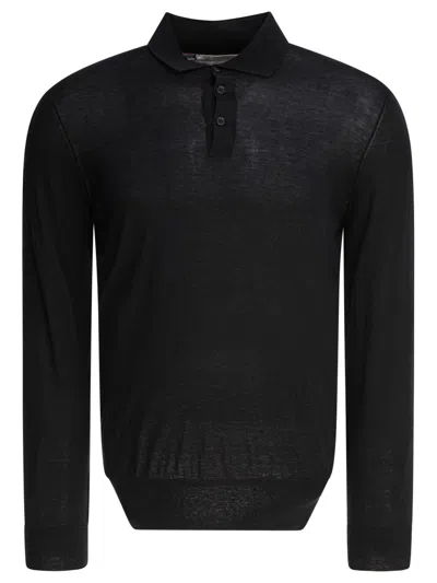 Brunello Cucinelli Long-sleeve Polo Shirt In Cotton-silk Blend In Black