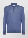 Brunello Cucinelli Long Sleeve Polo Sweater With Ribbed Cuffs And Hem In Blue