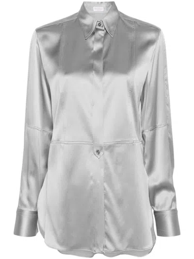 Brunello Cucinelli Long-sleeve Satin Shirt In Gray