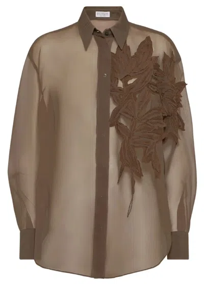 BRUNELLO CUCINELLI BRUNELLO CUCINELLI LONG-SLEEVE SHEER SHIRT WITH EMBROIDERED LEAF DESIGN
