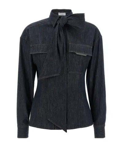 BRUNELLO CUCINELLI BRUNELLO CUCINELLI SCARF DETAILED LONG SLEEVED DENIM SHIRT