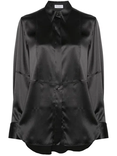 Brunello Cucinelli Long-sleeve Satin Shirt In Black  