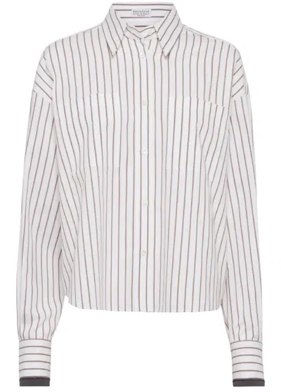 Brunello Cucinelli Long-sleeve Shirt With Vertical Stripes And Contrasting Cuffs In White