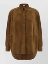 Brunello Cucinelli Long Sleeve Suede Shirt With Curved Hem In Brown