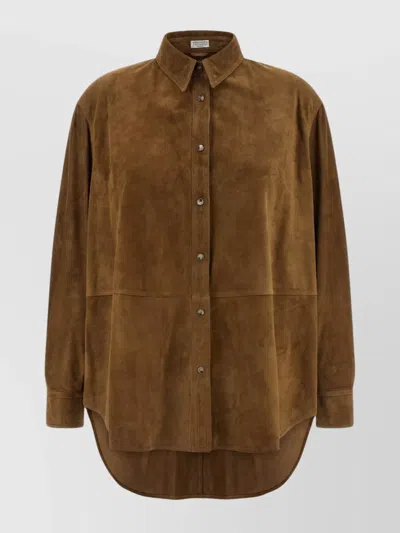 BRUNELLO CUCINELLI LONG SLEEVE SUEDE SHIRT WITH CURVED HEM