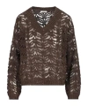 Brunello Cucinelli Dazzling Brown Round Neck Sweater With Open Stitch And Beaded Decorations In Linen Blend Woman In Brown