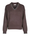 Brunello Cucinelli Ribbed V-neck Top Contrast Trim In Brown
