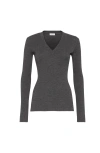 Brunello Cucinelli Fitted Long Sleeve Ribbed V Neck Top In Gray