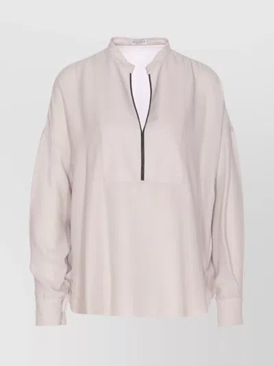 BRUNELLO CUCINELLI LONG SLEEVE V-NECK MANDARIN COLLAR TOP