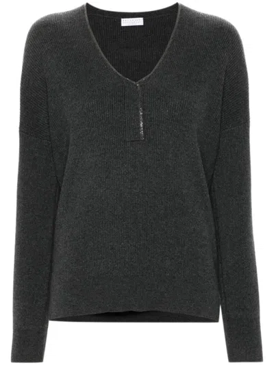 Brunello Cucinelli Long Sleeve V-neck Sweater In Black