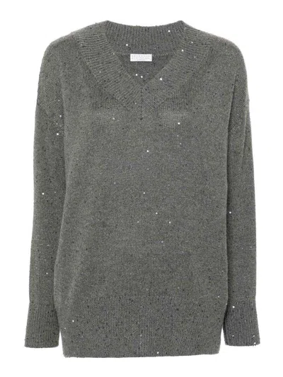 Brunello Cucinelli Long Sleeve V-neck Sweater In Black