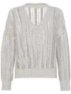 Brunello Cucinelli Grey V Neckl Cardigan With Micro Sequins In Gray