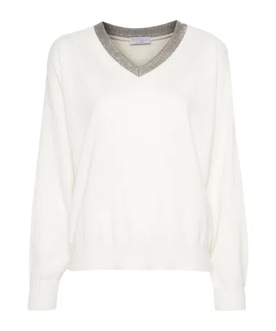 Brunello Cucinelli Long-sleeve V-neck Sweater In White