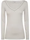 Brunello Cucinelli Long Sleeve V-neck T-shirt In Warm White
