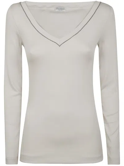 Brunello Cucinelli Long Sleeve V-neck T-shirt In White