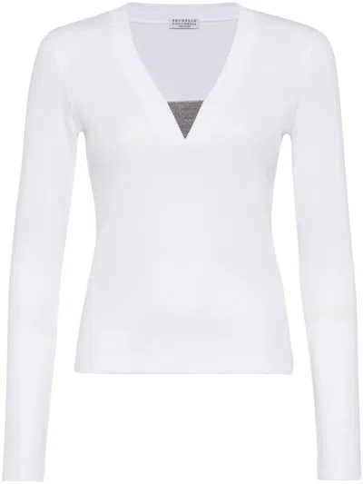 Brunello Cucinelli Long Sleeve V-neck T-shirt Clothing In White