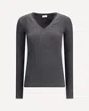 Brunello Cucinelli Women Long Sleeve Wool Ribbed Jersey T-shirt With Shiny Trim In Gray