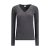 Brunello Cucinelli Women Long Sleeve Wool Ribbed Jersey T-shirt With Shiny Trim In Gray