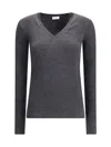 Brunello Cucinelli Women Long Sleeve Wool Ribbed Jersey T-shirt With Shiny Trim In Gray
