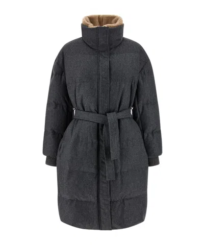 BRUNELLO CUCINELLI FLANNEL SHEARLING-COLLAR DOWN COAT