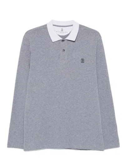 Brunello Cucinelli Long-sleeved Cotton Polo Shirt In Gray