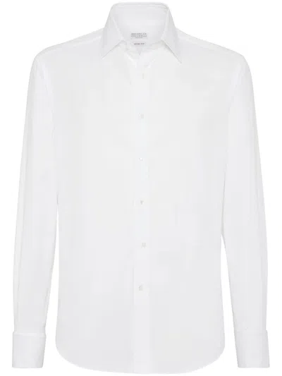 Brunello Cucinelli Button-down Collar Cotton Shirt With Curved Hem In White