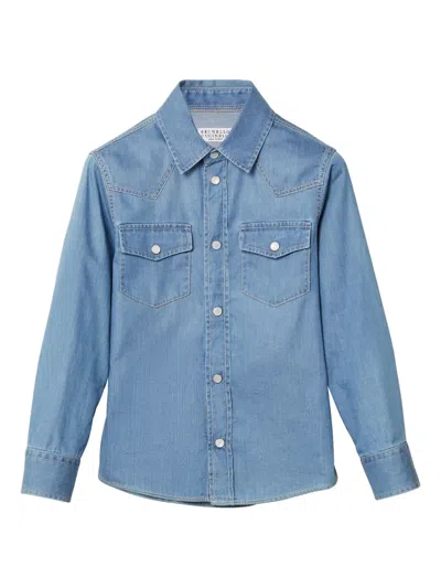Brunello Cucinelli Kids' Long-sleeved Denim Shirt In Blu Denim