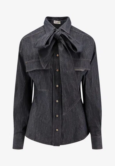 BRUNELLO CUCINELLI LONG-SLEEVED DENIM SHIRT WITH BOW