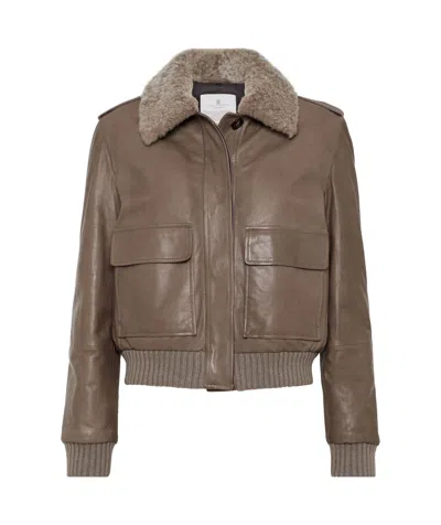 Brunello Cucinelli Long-sleeved Fur Collar Leather Jacket In Brown