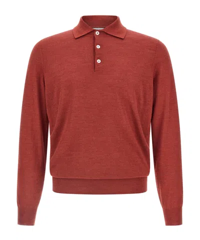Brunello Cucinelli Long Sleeved Knitted Polo Shirt In Red