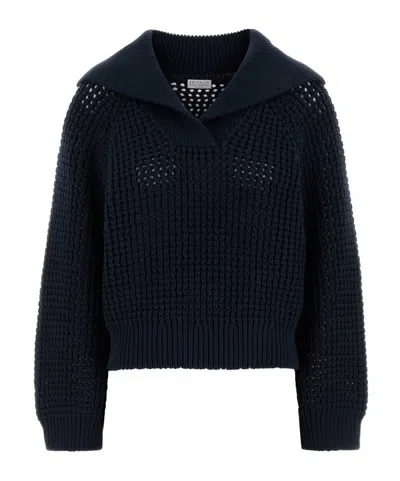 Brunello Cucinelli Long-sleeved Knitted Sweater In Blue