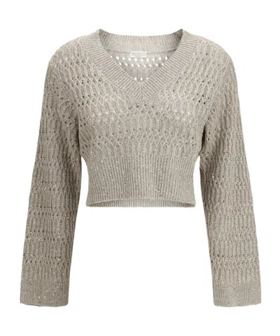 Brunello Cucinelli Long-sleeved Knitted Sweater In Neutral