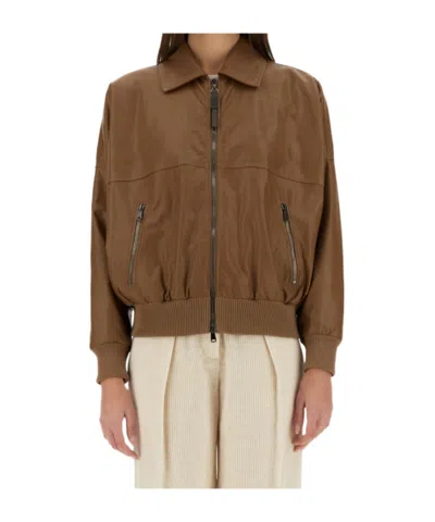 Brunello Cucinelli Long Sleeved Zipped Jacket For Women In Brown