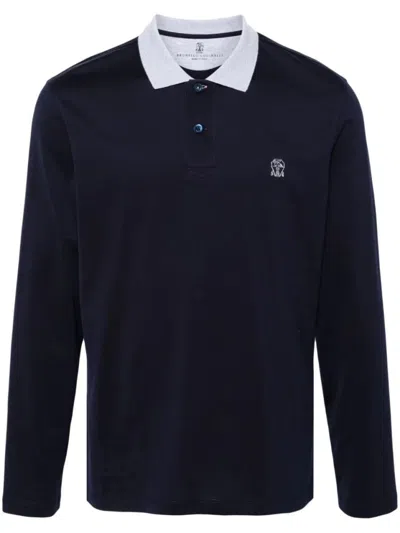 Brunello Cucinelli Long Sleeve Polo Shirt With Contrast Collar In Blue