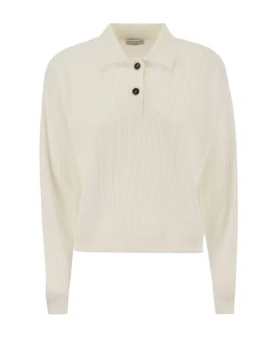 Brunello Cucinelli Long Sleeved Ribbed-knit Polo Jumper In White