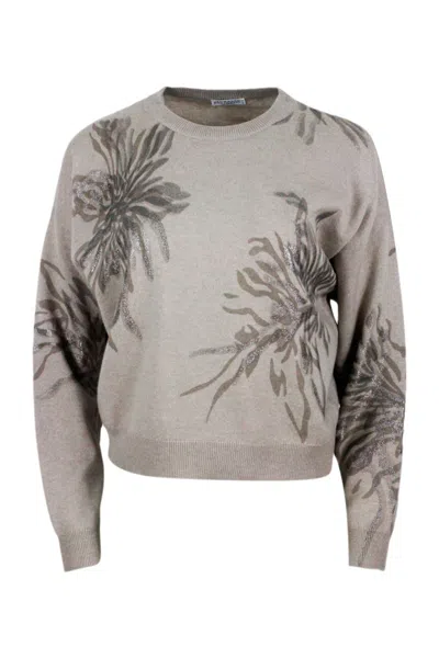 BRUNELLO CUCINELLI BRUNELLO CUCINELLI LONG-SLEEVED ROUND-NECK WOOL, SILK AND CASHMERE SWEATER WITH FLOWER PRINT EMBELLI