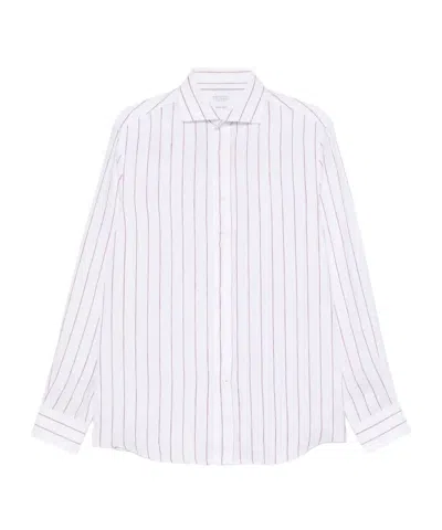 Brunello Cucinelli Men Stripe Linen Easy Fit Shirt With Spread Collar In White