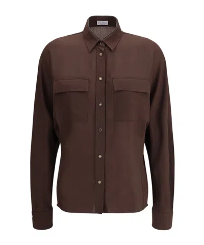 Brunello Cucinelli Long-sleeved Straight-hem Shirt In Brown