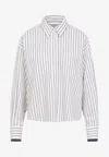 Brunello Cucinelli Long-sleeve Shirt With Vertical Stripes And Contrasting Cuffs In Brown