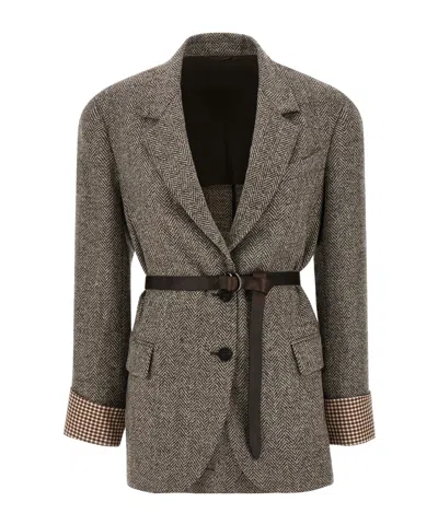 Brunello Cucinelli Herringbone Belted Blazer In Brown