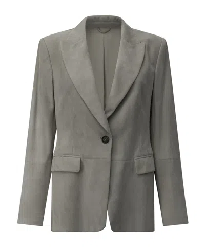 Brunello Cucinelli Suede Leather Blazer Jacket In Gray