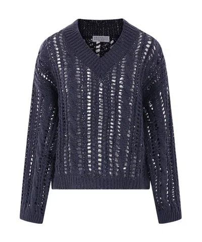 Brunello Cucinelli Open-knit Sweater In Blue