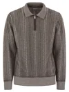 Brunello Cucinelli Herringbone-pattern Zipped Polo Shirt In Gray