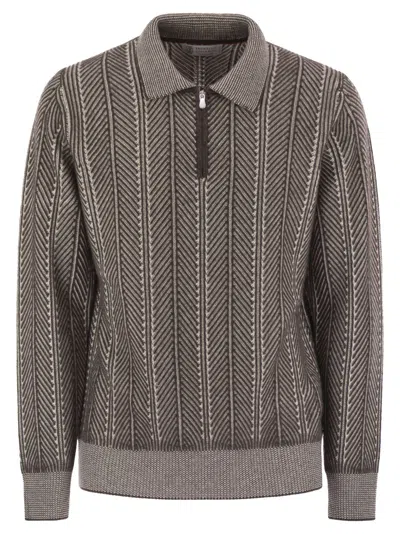 BRUNELLO CUCINELLI HERRINGBONE-PATTERN ZIPPED POLO SHIRT