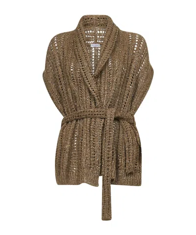 Brunello Cucinelli Mud Silk And Linen Dazzling Cardigan In Beige