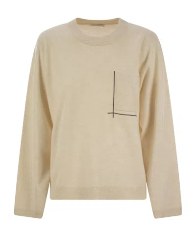 Brunello Cucinelli Virgin Wool, Cashmere And Silk Sweater With Shiny Pocket Detail In Beige